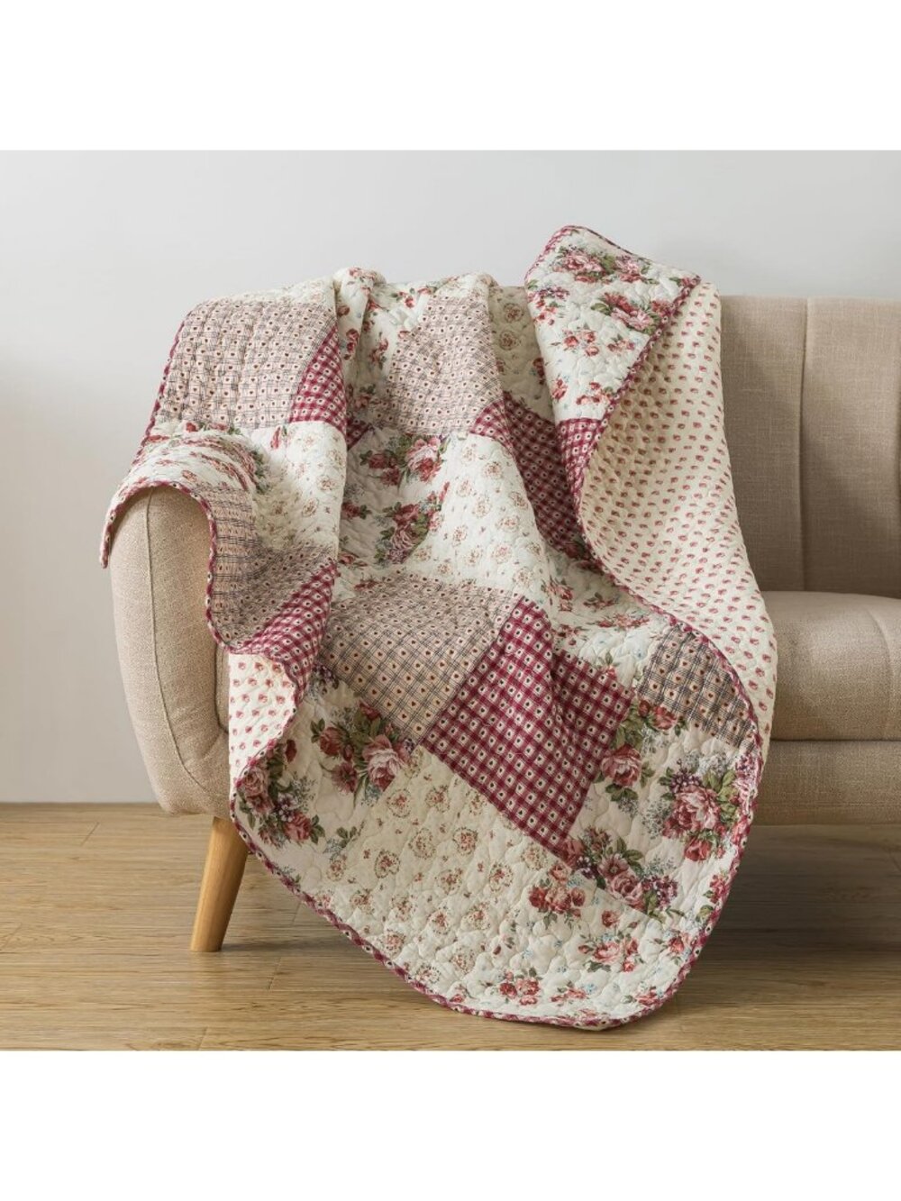 Cozy Cotton Quilted Throw Blanket, 50" x 60", Patchwork Design, Country Roses